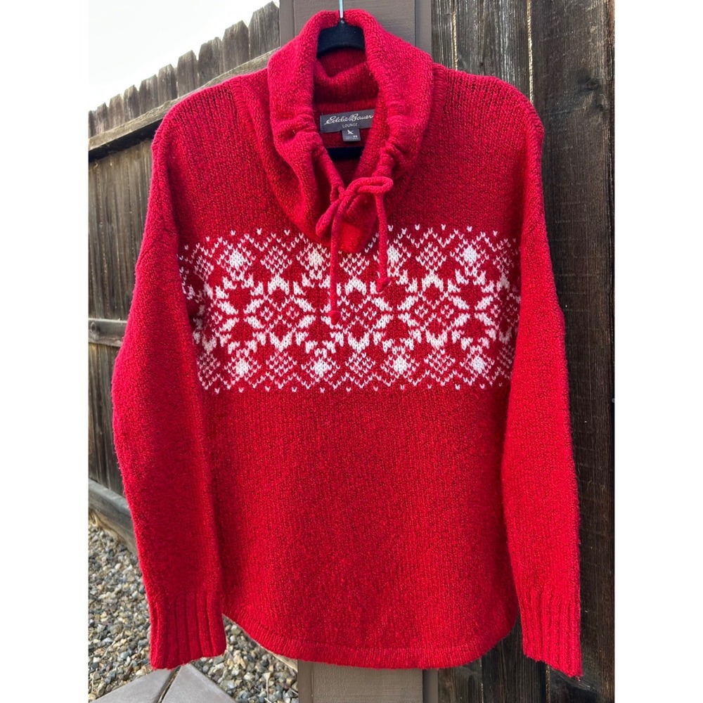 Eddie Bauer Lounge Women XS Red Fair Isle Cowl Neck Sweater Holiday Nordic